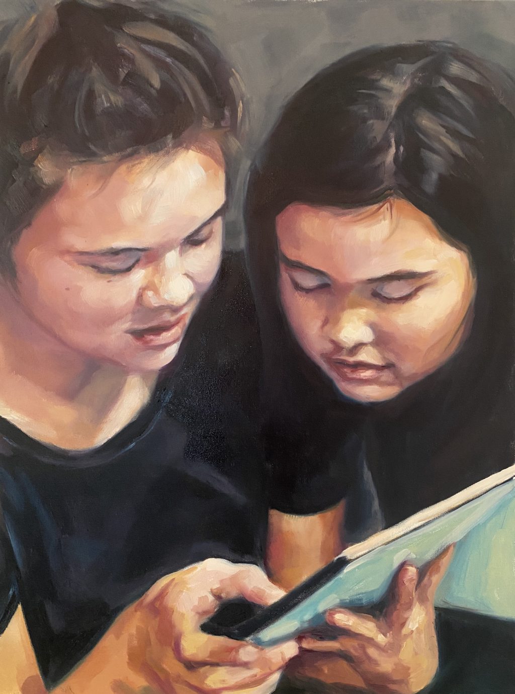 2 girls reading portrait painting 18x24